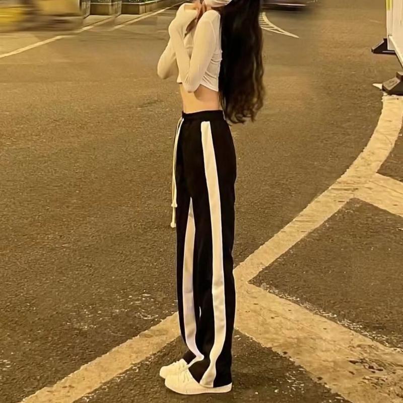Women's Pants Black and White Stitching Casual Pants Sports Hundred Loose Straight Drape Dragging Wide Leg Pants