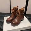 Autumn and Winter Leather Women's Martin Boots Versatile Rubber Platform Sheepskin Large Size Women's Boots Lace-up Square Head Low Boots Women