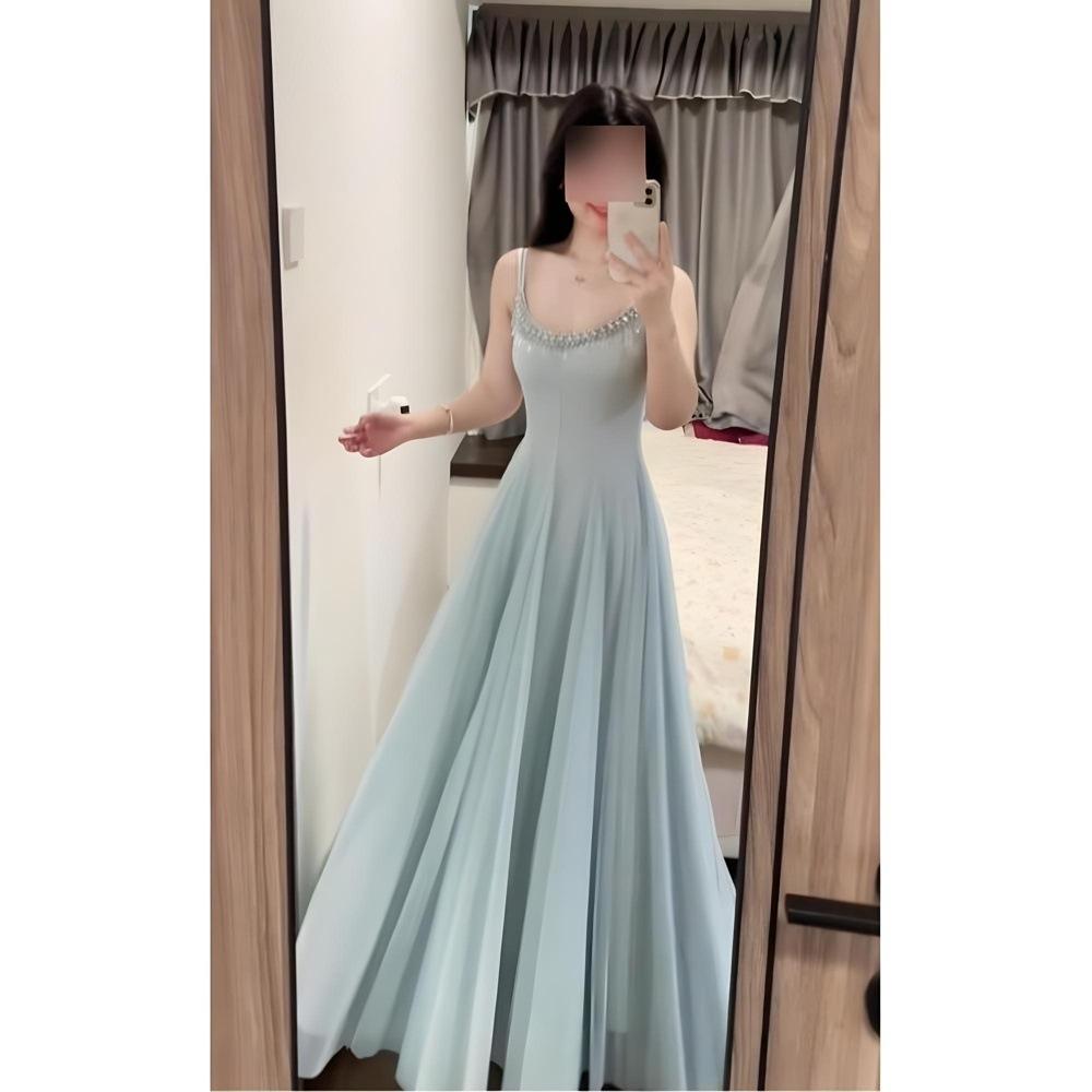Summer Korean version of the goddess Fan slim super fairy crystal diamond chain mesh large swing suspender girl long dress
