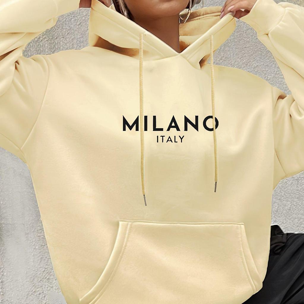 Milano Print Kangaroo Pocket Hoodie, Casual Long Sleeve Drawstring