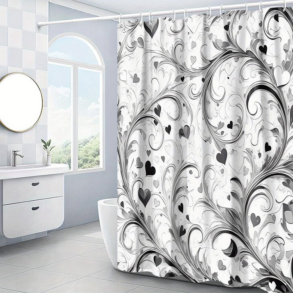 4Pcs Gray Romantic Heart Pattern Shower Curtain Set, Bathroom Curtains, Bathroom Decorative Shower Curtains, Bathroom Floor Mat