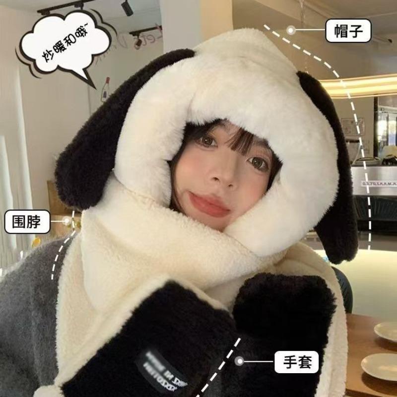 Cute cartoon Pacha plush puppy hooded scarf winter warm gloves hat ears scarf integrated three-piece set