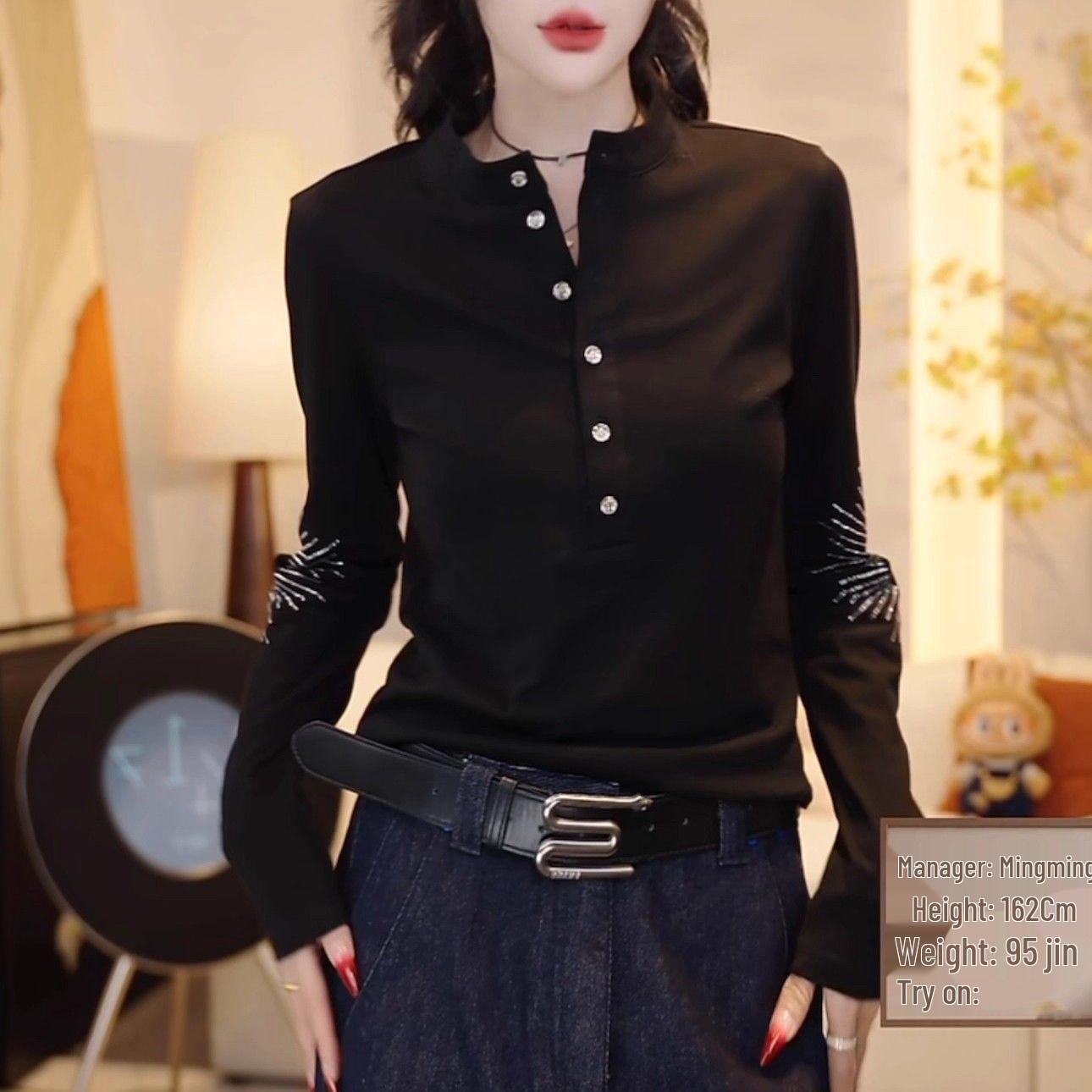 

2025 Autumn/Winter Women s Slimming Half-Open Collar Long Sleeve Top with Button Detail M (80-100 kg) чёрный