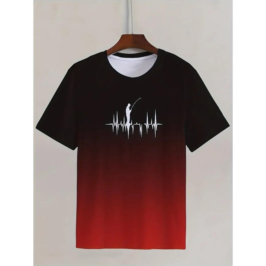 Fishing Print T-shirt, Men's Casual Street Style Stretch Round Neck Tee Shirt for Summer, Fishing Gear