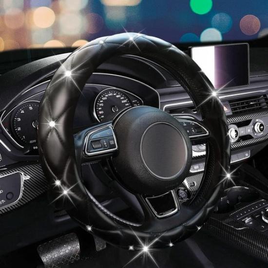 Black Steering Wheel Cover 2025, Cute Girly Diamond Bling Comfort Leather black
