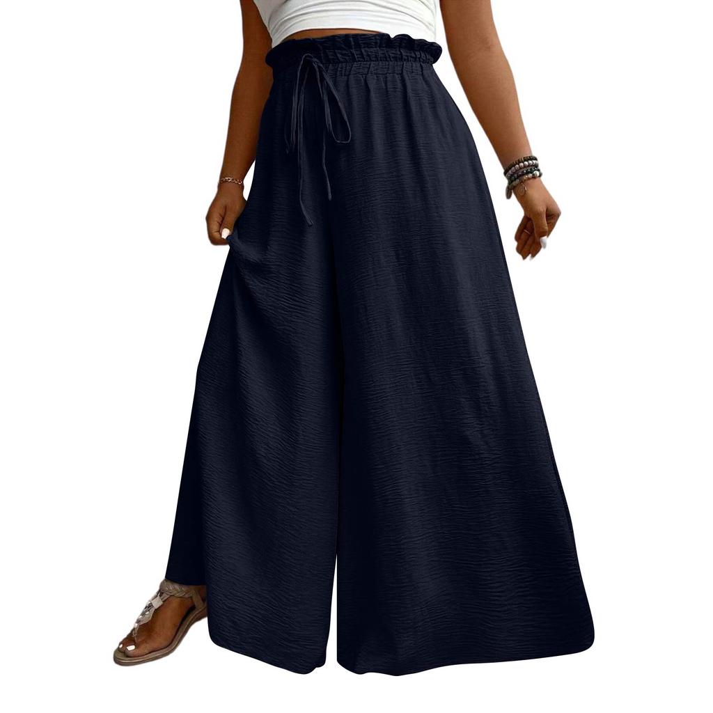 Women High Waist Wide Leg Palazzo Pants Drawstring Elastic Waist Loose Fit Flowy Long Trousers with Pockets for Casual Daily Wear