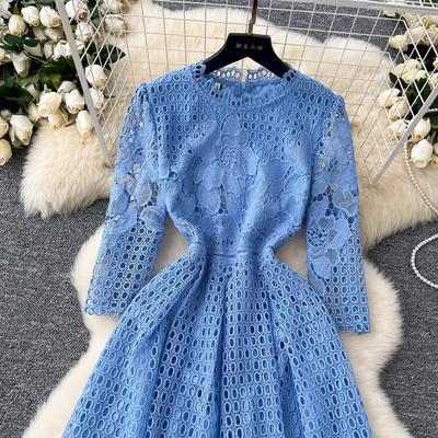 Vestido de otoño con bordado de flores vintage, de encaje, calado, para mujer, elegante, liso, para boda, largo, midi, para fiesta