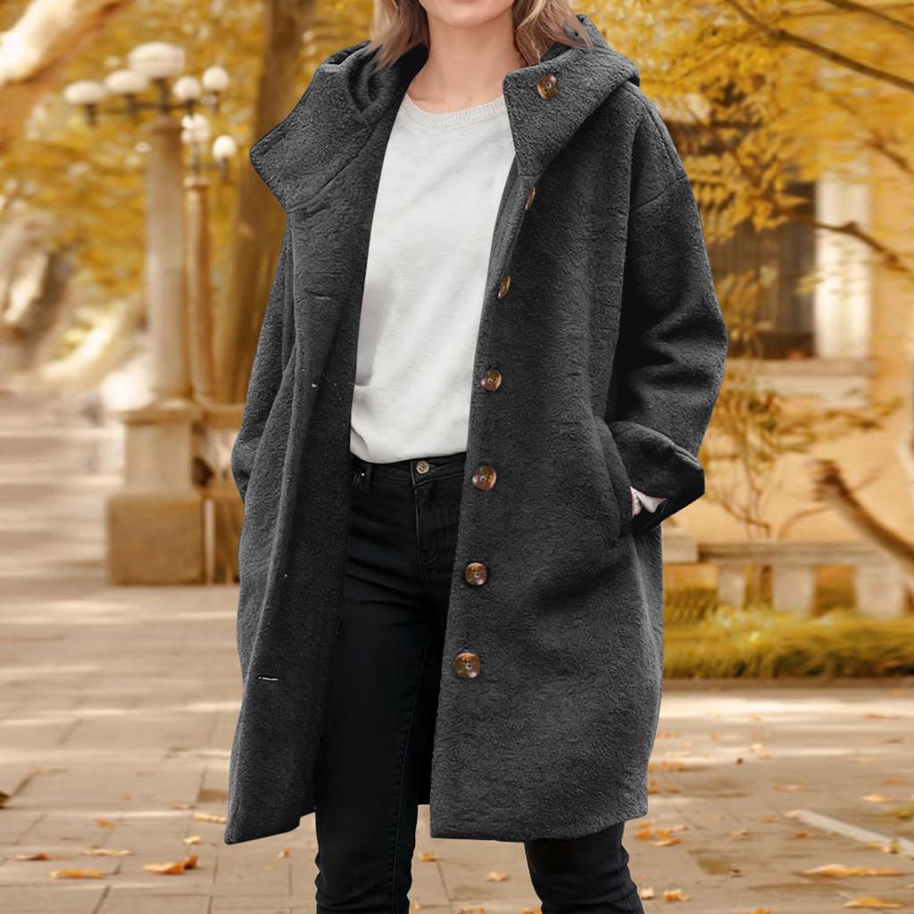 Womens Color Jacket Casual Loose Fit Button Coats Button Up Long Sleeve Outerwear With Pocket, Hooded Overcoat