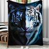 Black and White Tiger Face Split Design with Blue Eyes Animal Print Soft Flannel Throw Blanket for Living Room or Bedroom Use
