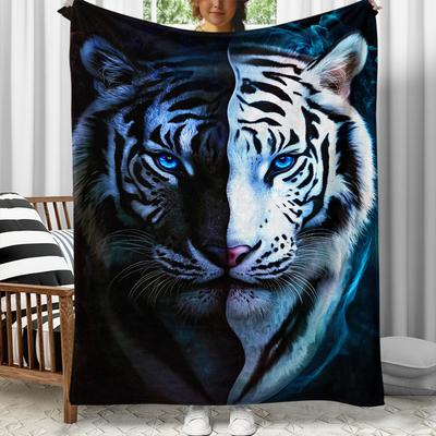 Black and White Tiger Face Split Design  with Blue Eyes Animal Print Soft Flannel Throw Blanket for Living Room or Bedroom Use