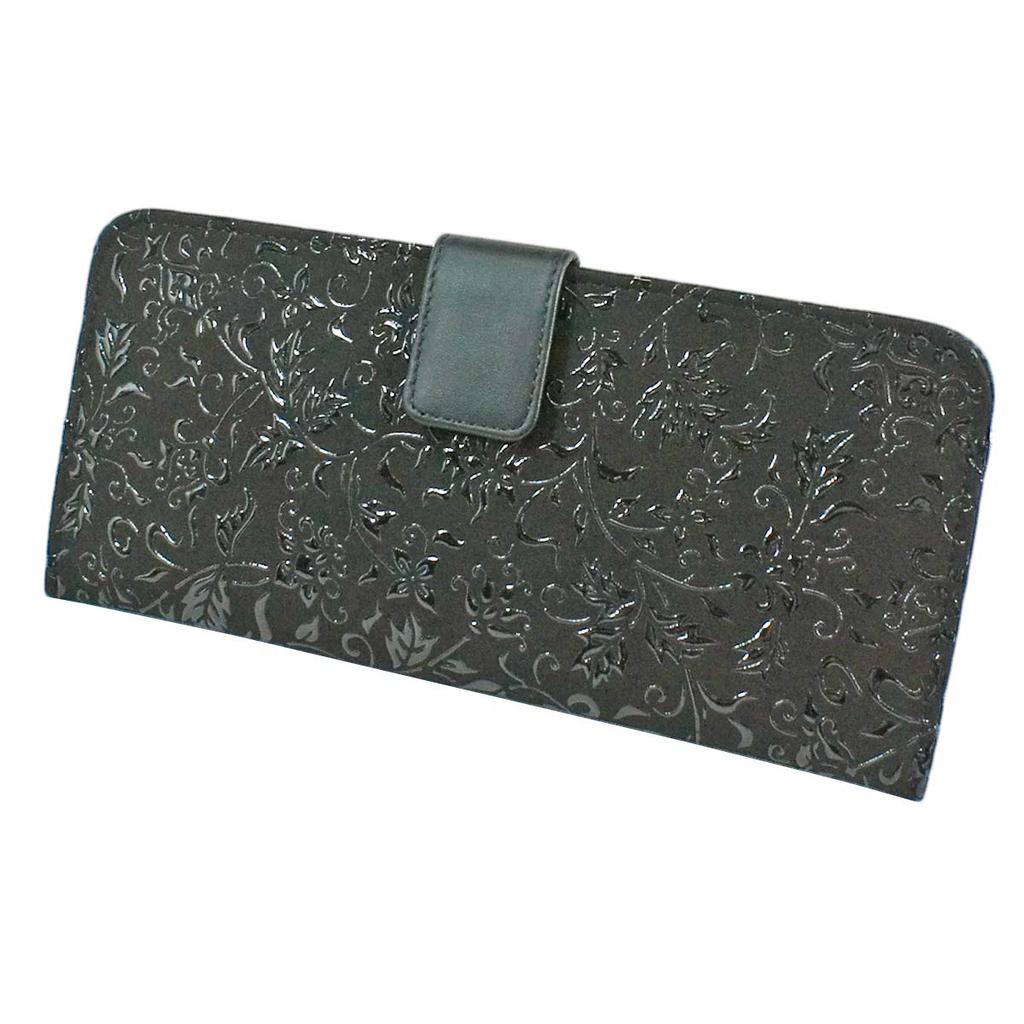[Inden-ya] Inden Long Wallet, Large, Thin, Deerskin, Black with Black Lacquer, Floral Arabesque Pattern, 2107-01-041