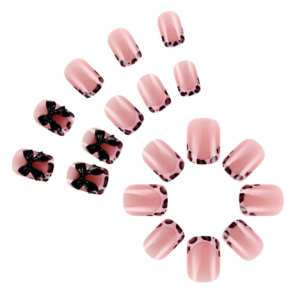 Glossy Black Square Nails with 3D Bows and Leopard Print – Versatile Daily Wear False Nails