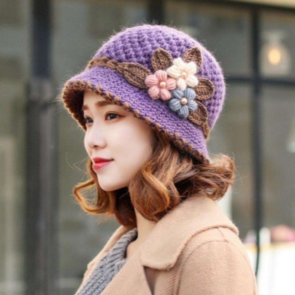 Plush Knitted Bucket Hat Warm Floral Crochet Hat Fashionable Yarn Cloche Hat Winter