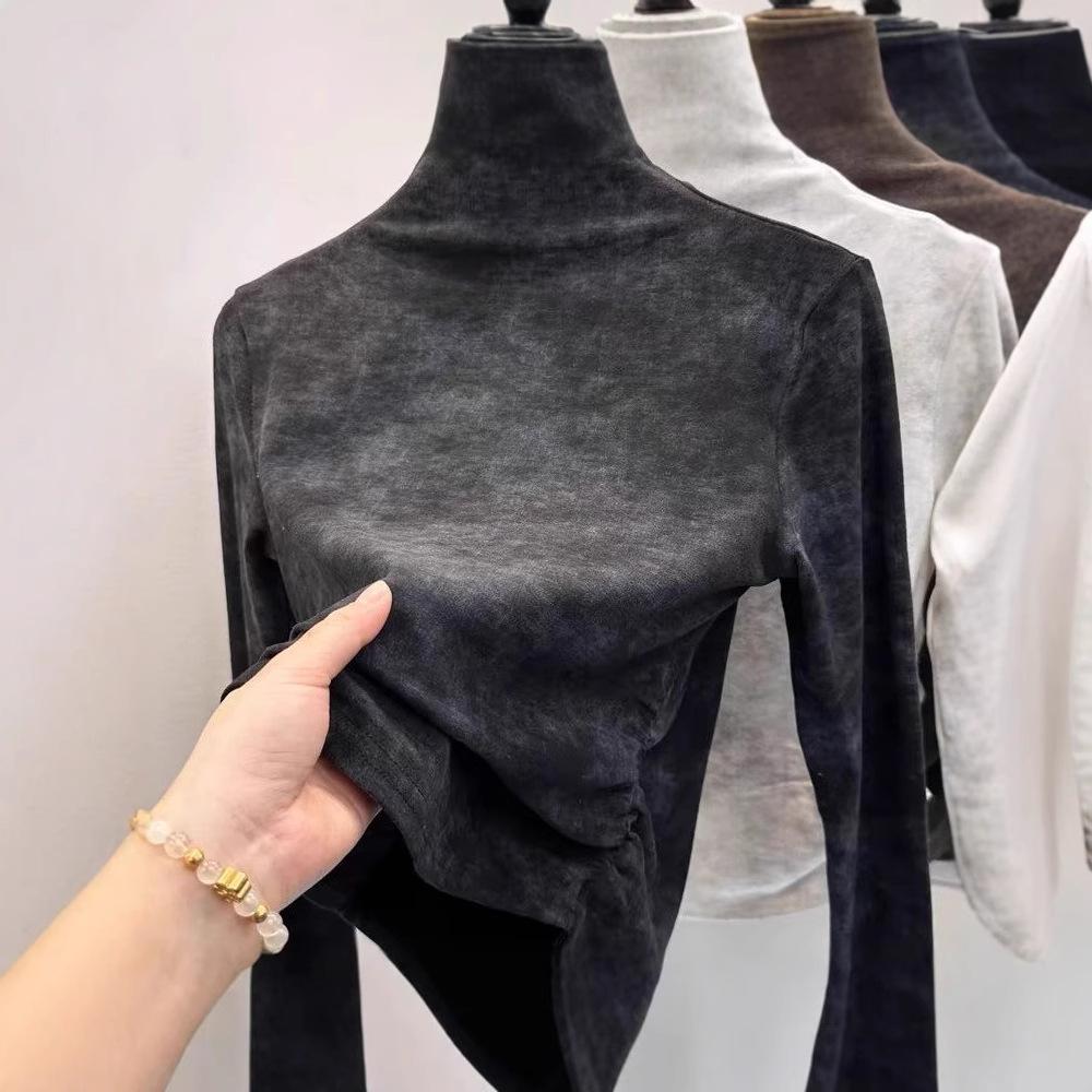 Women Tie-dye Turtleneck Thermal Underwear Top Fleece Lined Long Sleeve Slim Fit Casual Warm Knit Shirt For Autumn Winter