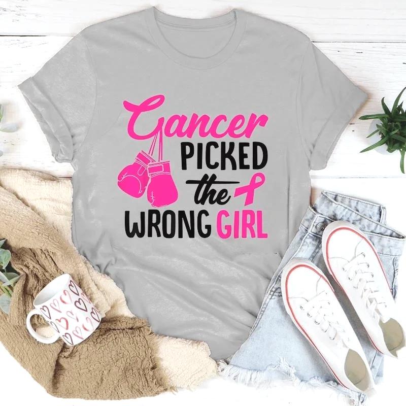 Breast Cancer Cancer Picked The Wrong Girl Printing T-Shirt Fashion Short Sleeve Summer Cool Hip Hop Top Tee Women Clothing Y2K