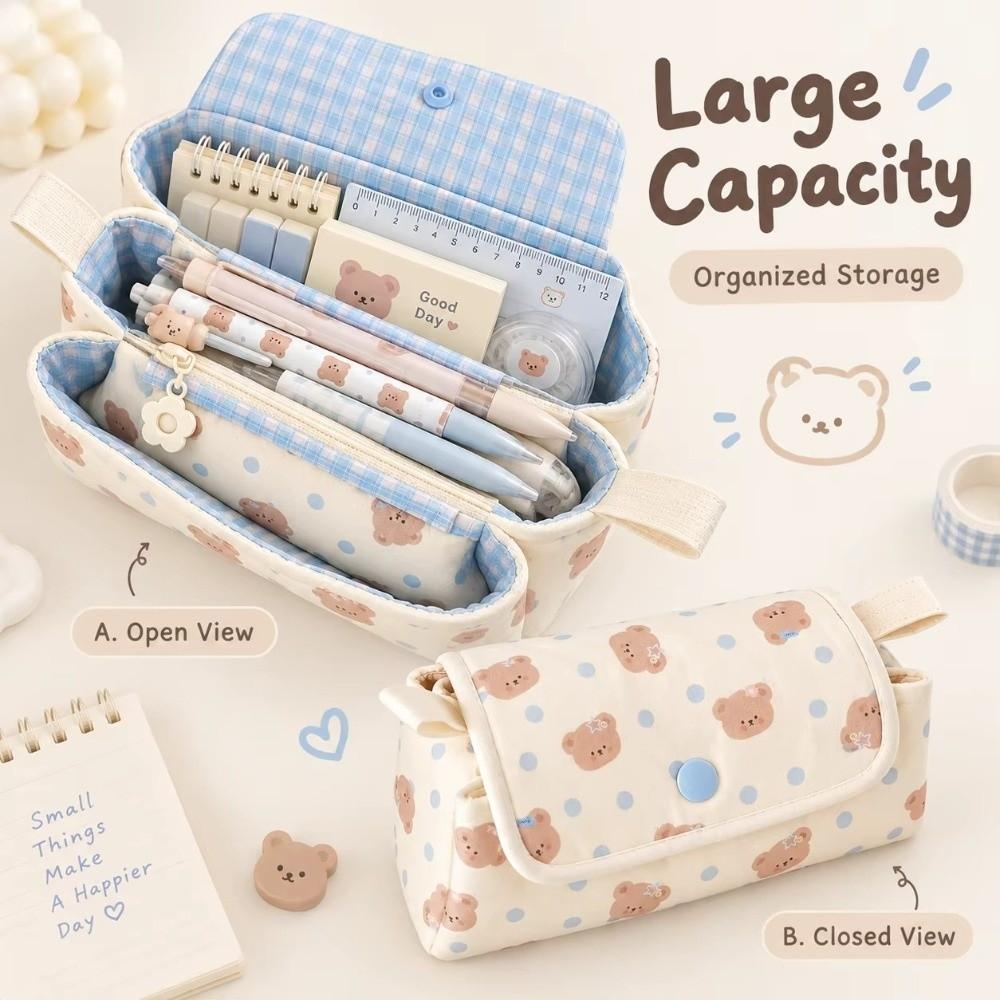 Bear Printed Pencil Pouch Button-closure Pencil Case Cute Pen Bag  School Supplies