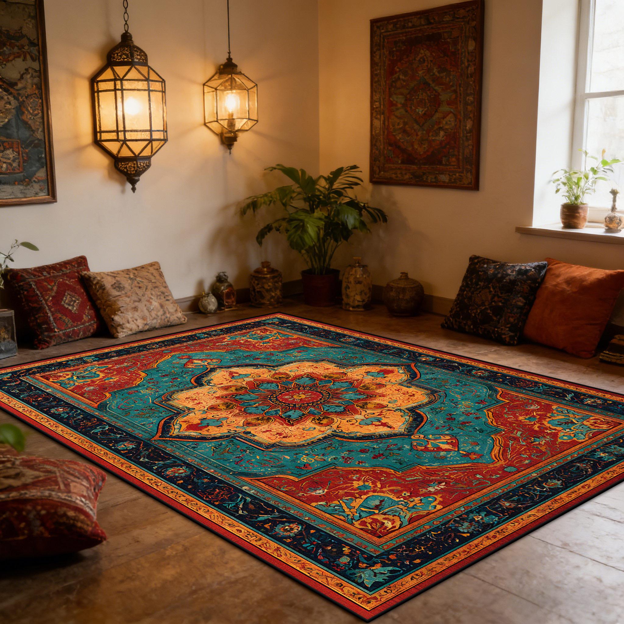 

Retro Geometric Decoration CARPET FOR LIVE ROOM Persian Style Lounge Large Rugs 160×230cm Bedroom Non-slip Washable Floor Mat 60x90cm