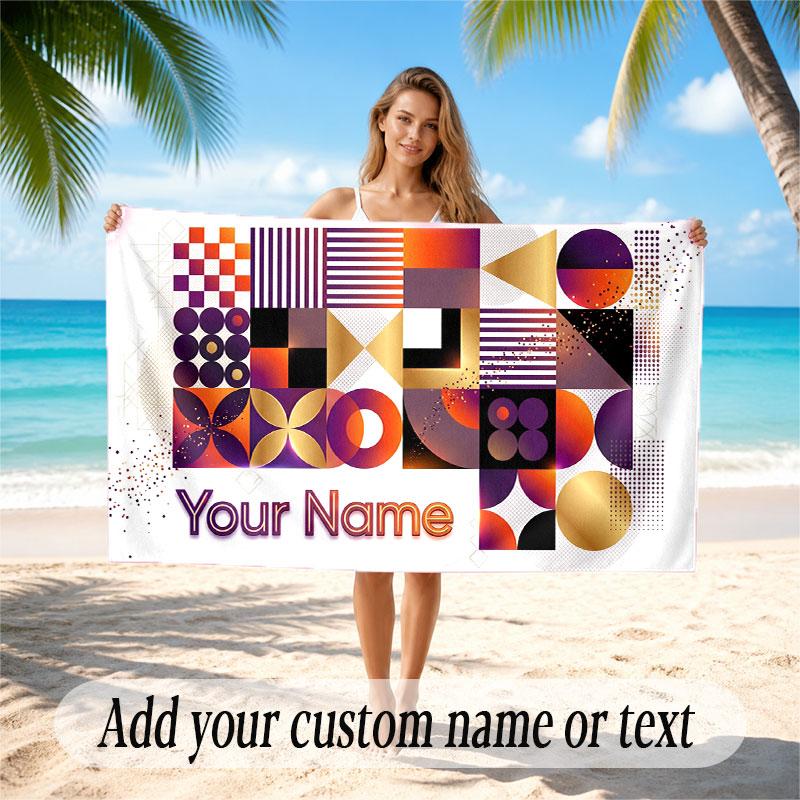 Abstract Geometric Theme Soft Beach Towel Personalized Custom Name Text Towel Portable for Beach Pool Travel