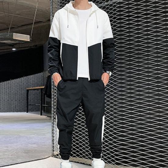 2Pcs/Set Men Spring Autumn Patchwork Color Sport Outfit Hooded Drawstring Long Sleeve Zipper