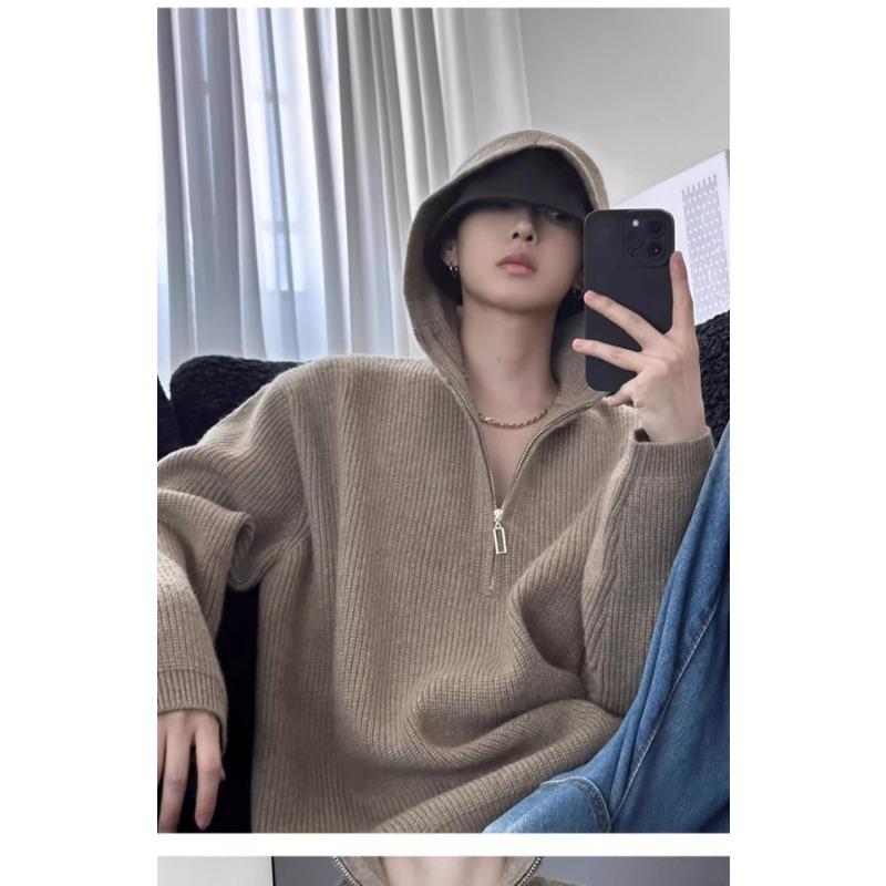 Men S Hooded Half Zip Knit Sweater Loose Warm Casual Pullover