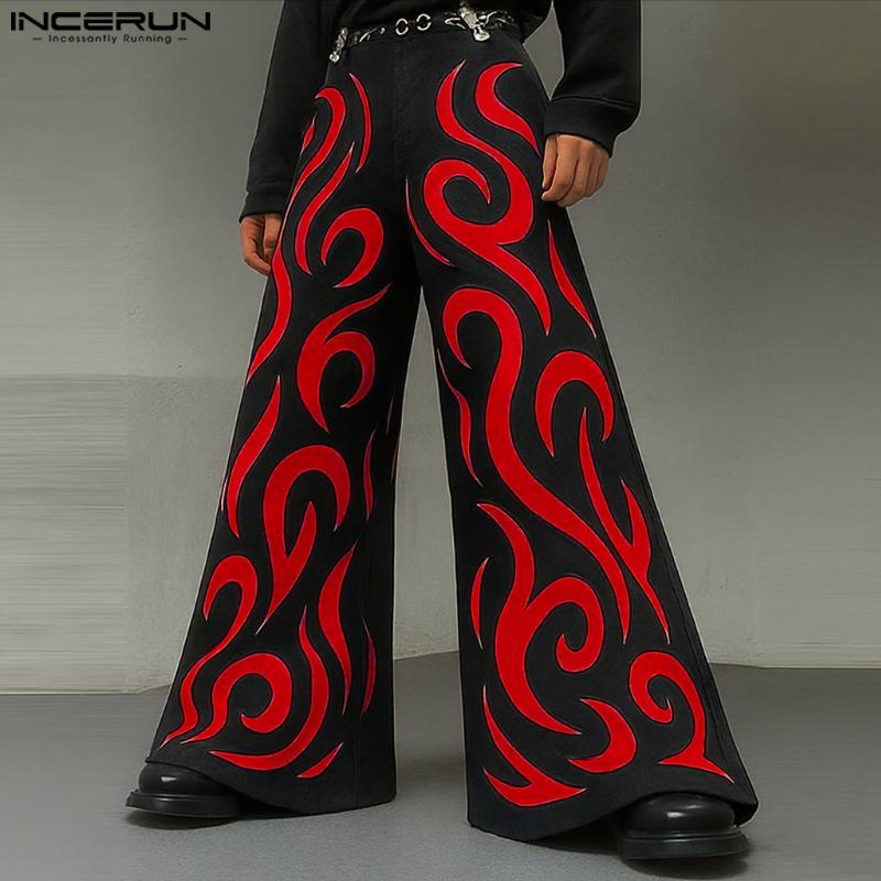INCERUN Men Pants Casual Print Zipper Up Waist Wide Legs Long Trousers Pants