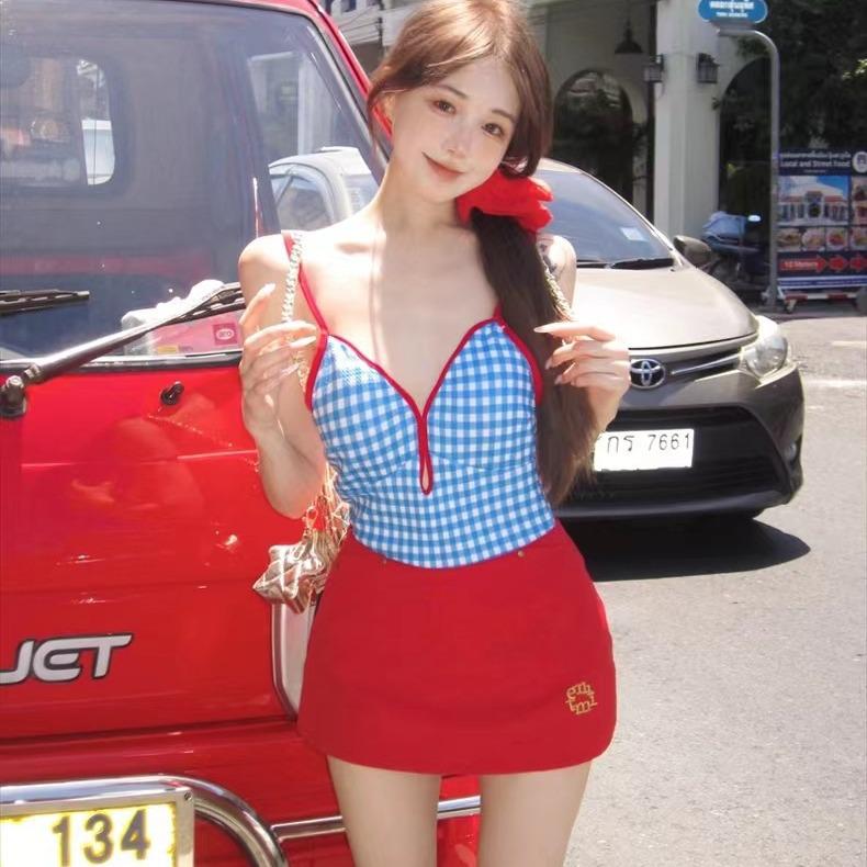 French Blue Gingham Retro Slimming Tie-Up One-Piece Swimsuit