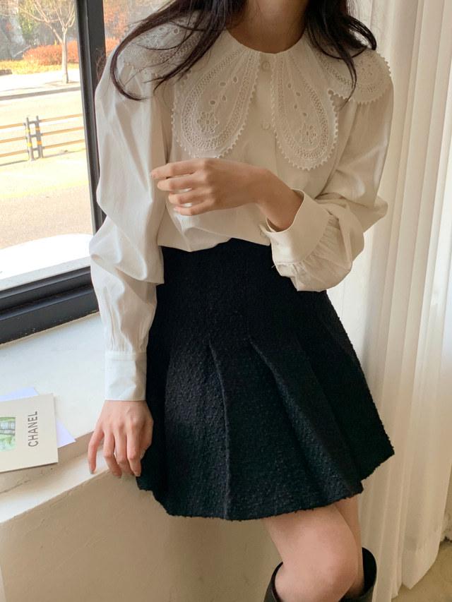 Frühling/Herbst 2025 Damen Retro Spitze Peter Pan Kragen Puffärmel Top