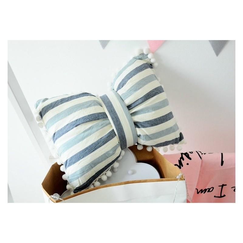 Striped Cotton Cushion With Bow And Pom Pom Trim For Home Decor**
