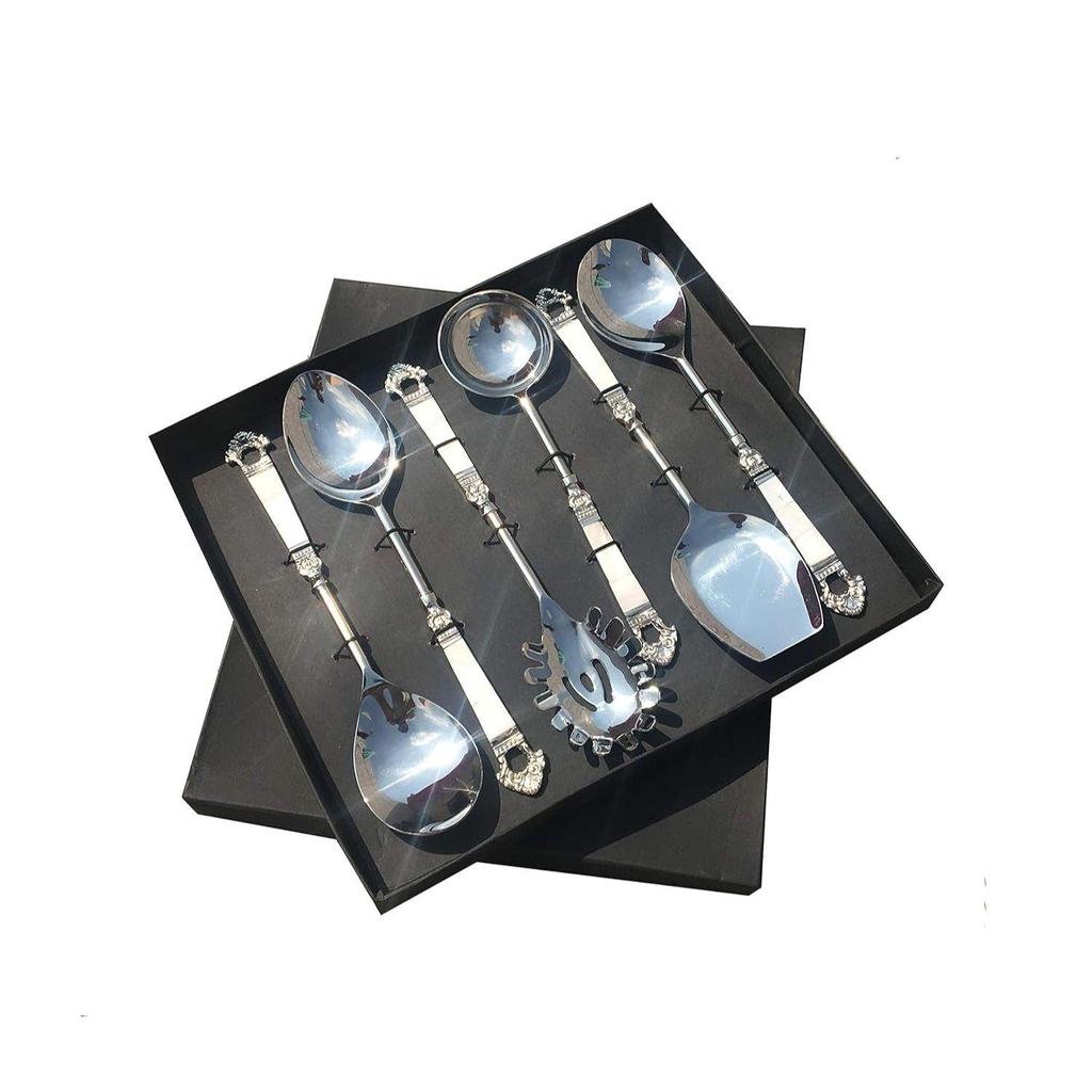 Mother of Pearl (MOP) Taj Design Brass Handle Serving Spoon with Silver Finished