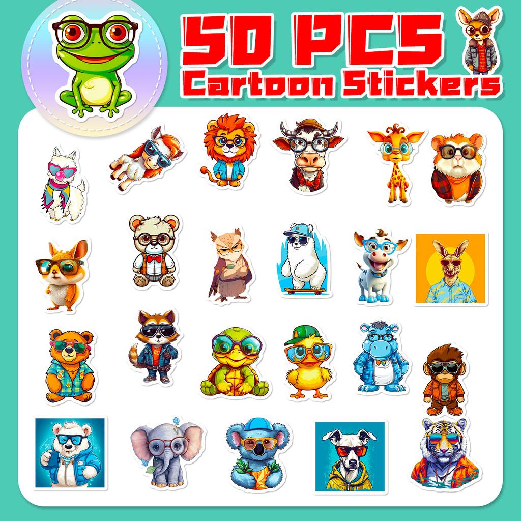 50 Small Pet Stickers with Glasses In Animals with Glasses Doodle Cartoon Waterproof Suitcase Water Cup Refrigerator Stickers