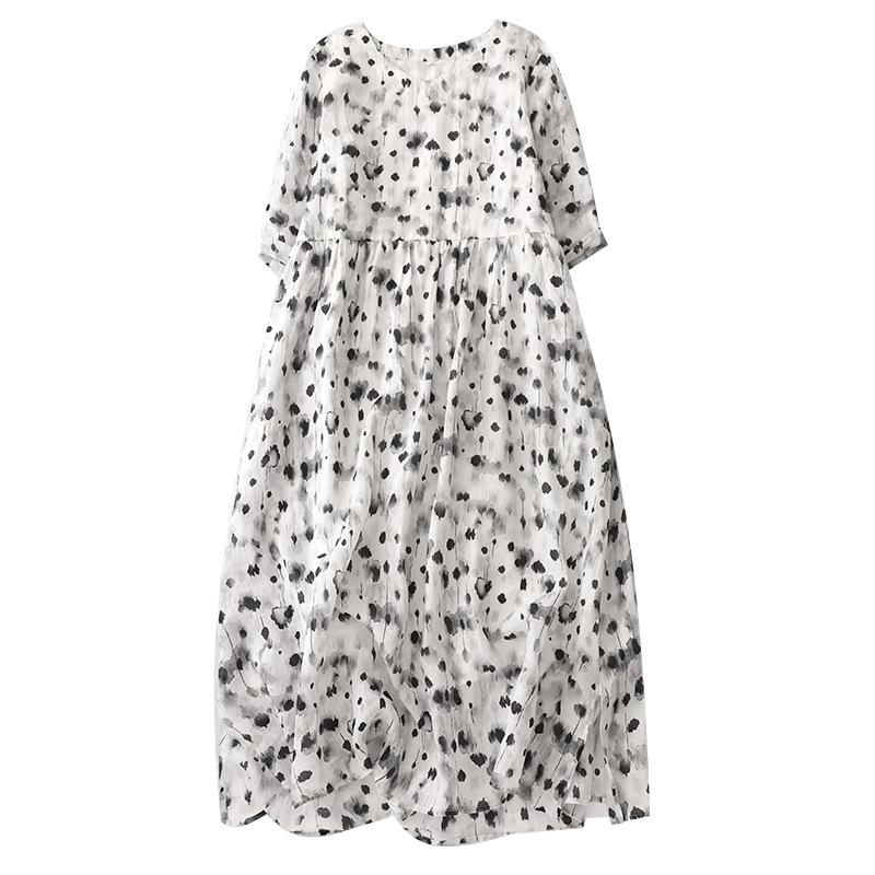 2025 Summer New Printed Cotton and Linen Dress Women's Vacation Travel Loose and Thin Round Neck Five-quarter Sleeve Knee Dress