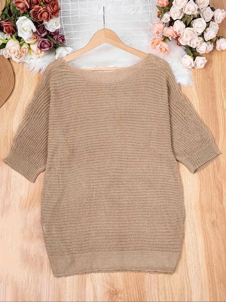 Cross-border summer round neck solid color casual loose shoulder sleeves versatile large size women's pullover sweater