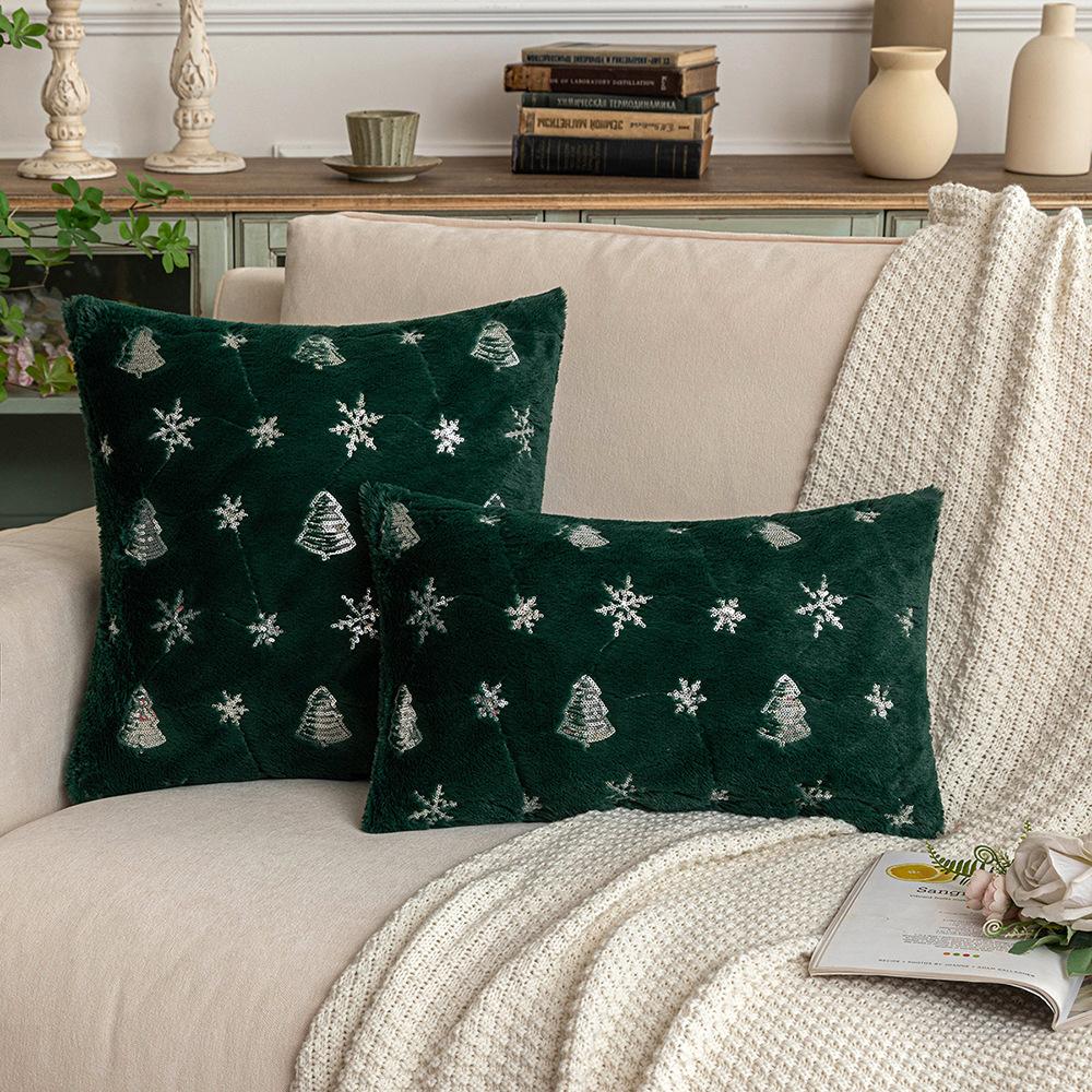 Sequin Christmas Tree Embroidery Pillow Case Snowflake Plush Pillow Christmas Ornament Gift Cushion Cover Core-Free