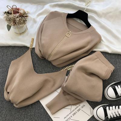 Frauen Gestrickte 3 Stück Set Herbst Winter Neue Lässige Gestrickte Weste Zipper Strickjacken Hosen Outfits Hosen Sets
