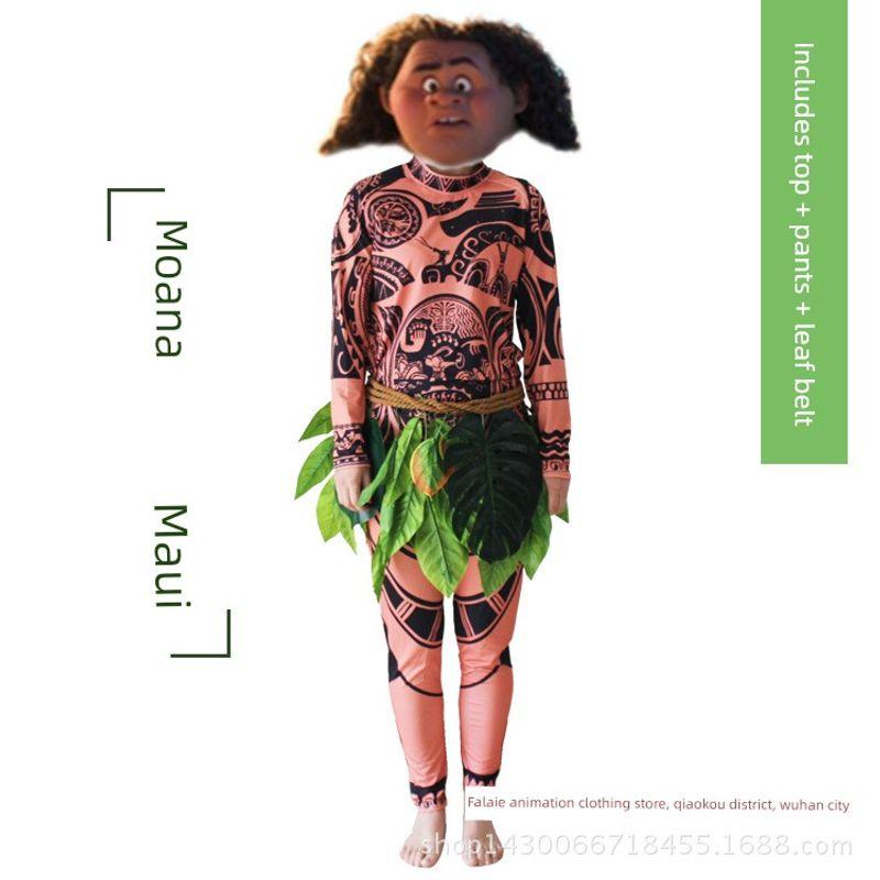 Moana Cos Costume Maui Cos Costume Moana Maui Clothes Halloween Anime Set Cosplay Top + Pants + Leaf Print Children 150