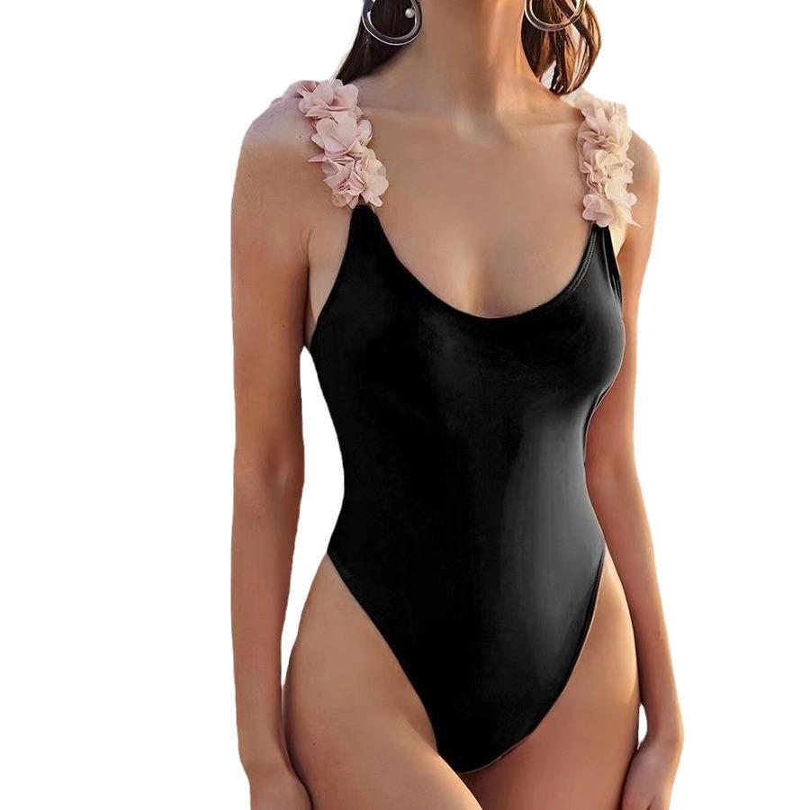 Women's European & American Solid Color One-Piece Swimsuit with Lace Shoulder Straps and Floral Backless Design