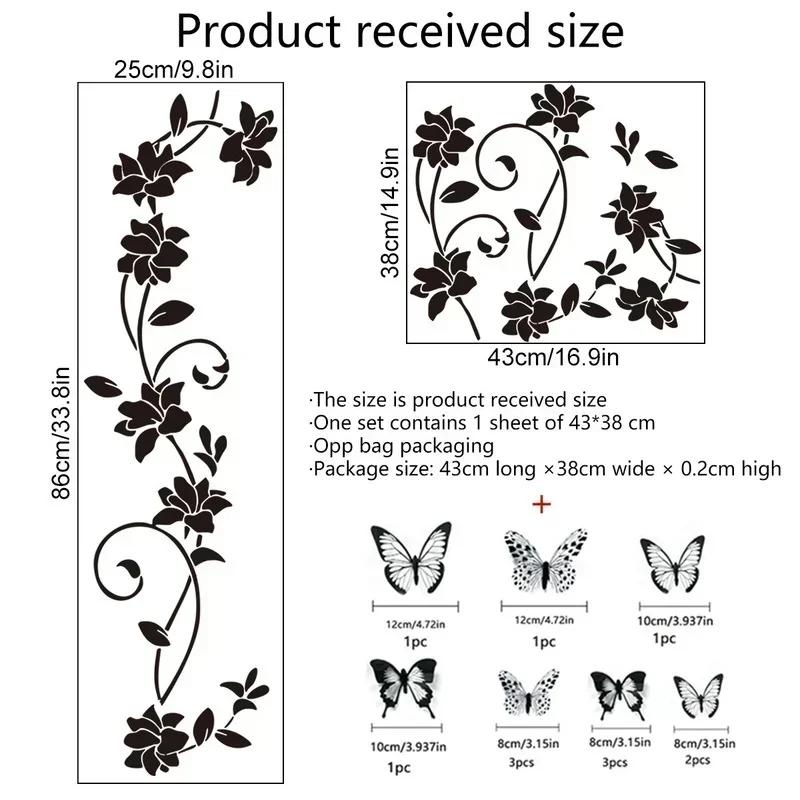 3D Butterfly Wall Sticker 38*43cm Black Flower Vine Living Room Background Room Wall Sticker Dark Style Home Decoration