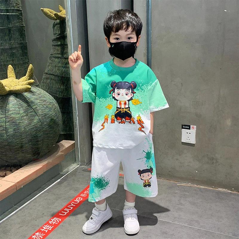 Nezha Clothes Boys Summer Suit Style Handsome Fashionable Children Summer Clothes Boys Short-Sleeved Two-Piece Suit Trendy Which Straw