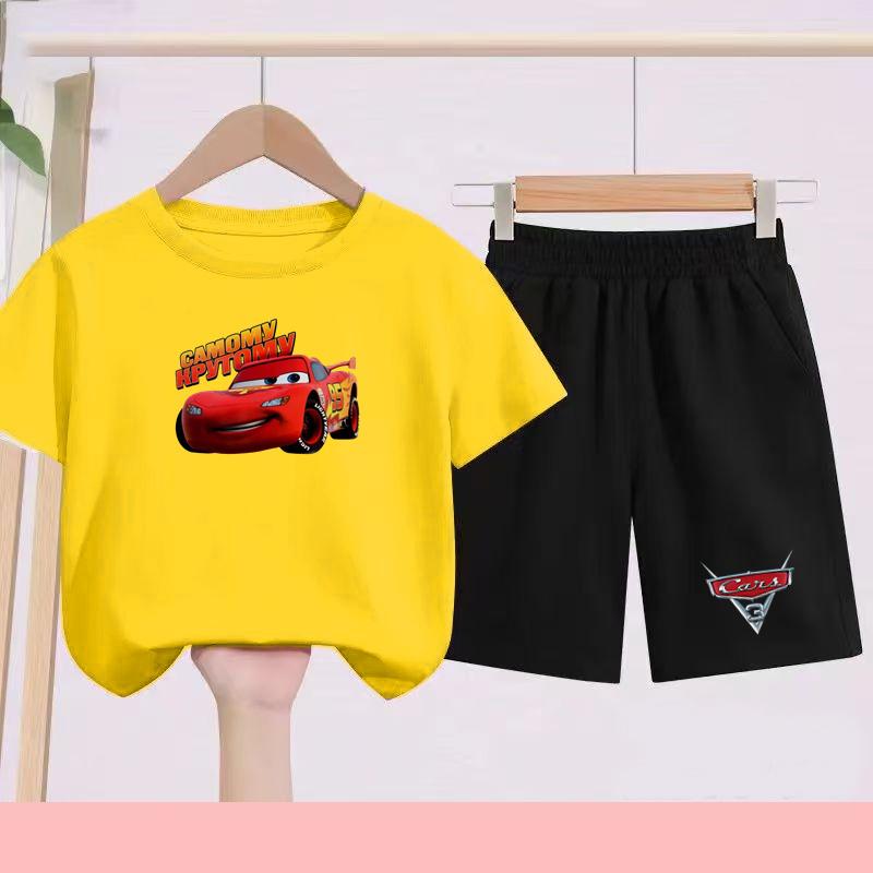 Children Aged 3 to 14 Summer Fashion T-shirt set Children Disney Car Print T-shirt + shorts Girl Boy Casual Tops Toddler Clothes