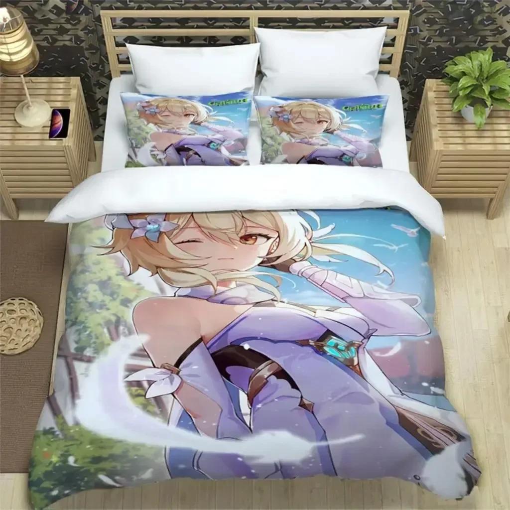 Dreiteiliges Bettwäscheset mit Genshin Impact-Print, Modeartikel für Jungen oder Erwachsene, für Betten, Bettbezüge, Kissenbezüge, Bettwäscheset