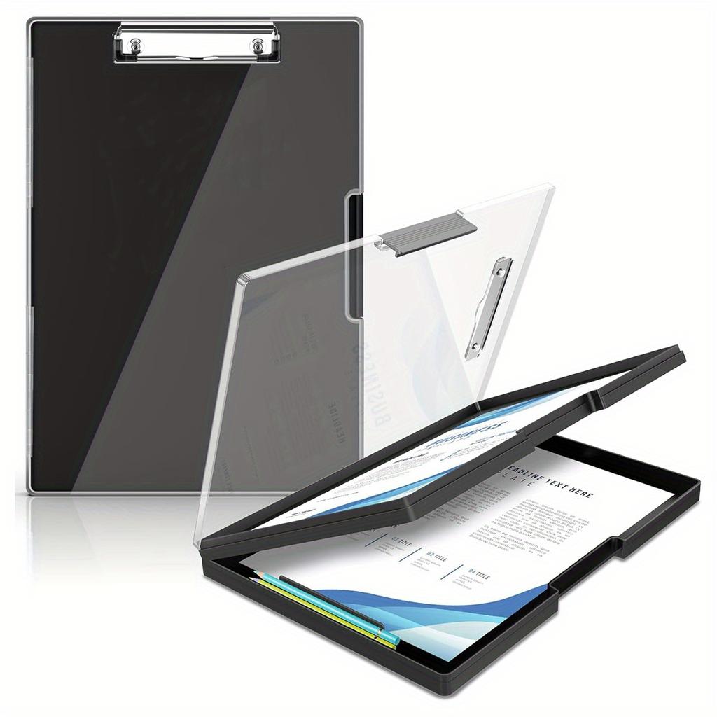 1 Pc Black, Clipboard with Storage, with 2 Storage Boxes, Heavy Duty Clear Visible Top Panel To Store Clipboard, Side Opening