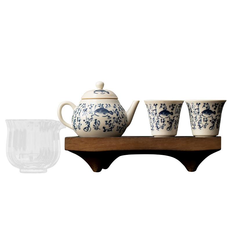 Retro blue and white teapot teacup kung fu tea set small household one pot two cups 1 person tea set gift