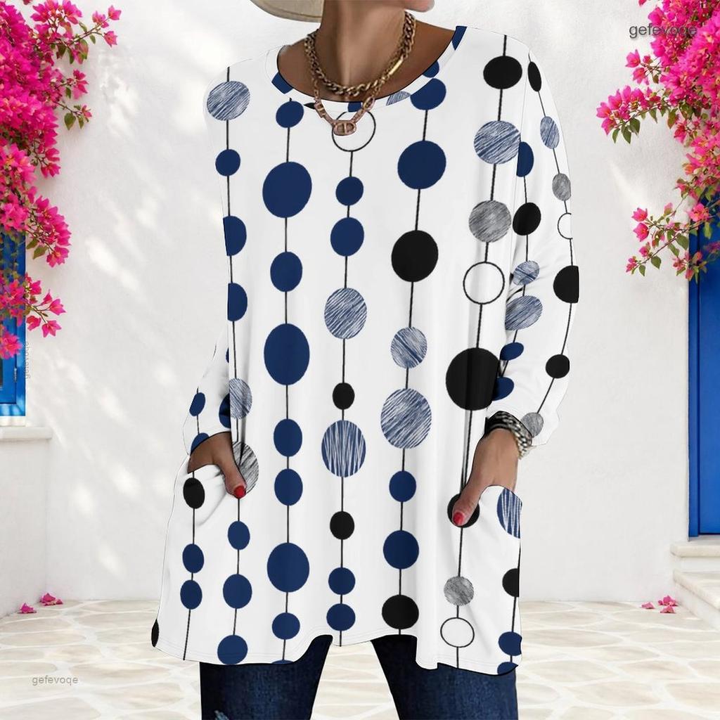 Women Plus Size White Polka Dot Printed Round Neck Long Sleeve Loose Longline T Shirt With Pockets
