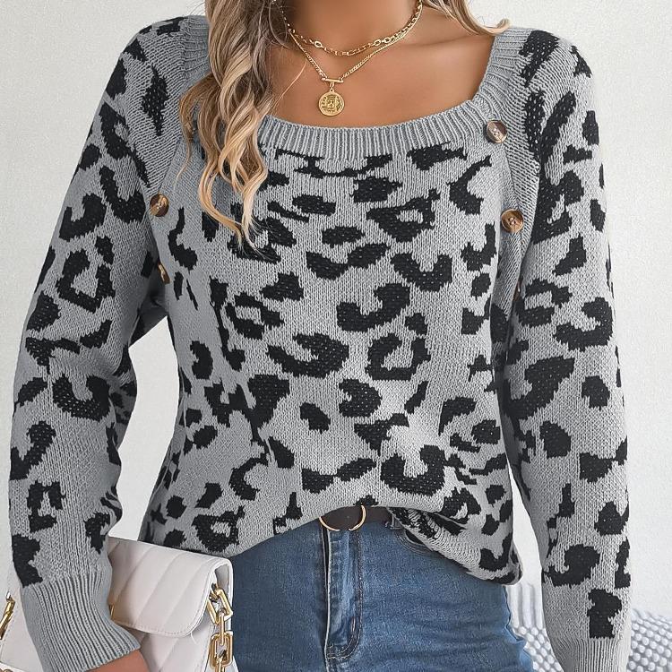 Vintage Leopard Color Cardigan Knitwear Long Sleeve Loose Sweater O Neck Top for Autumn Winter