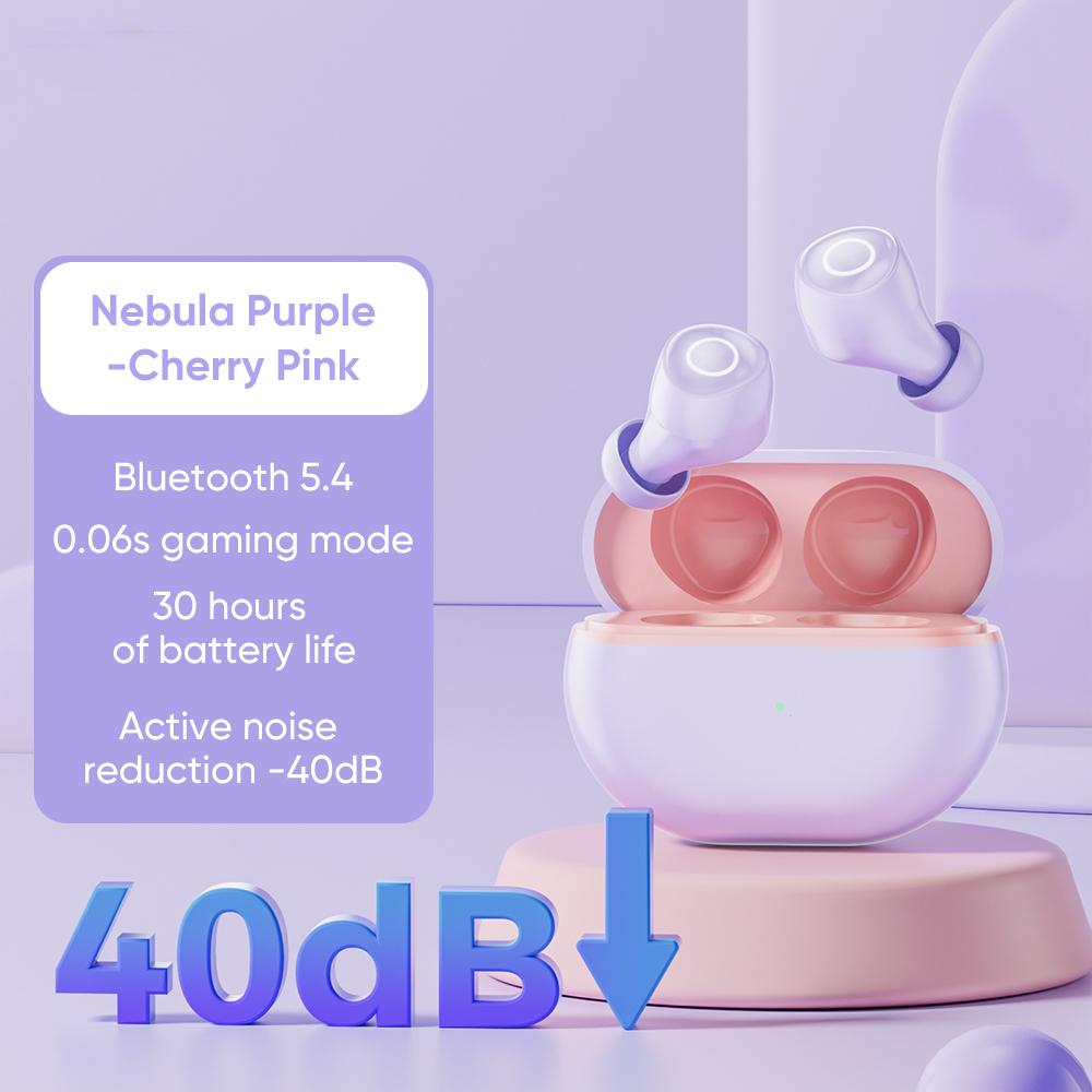 

Мини-наушники ANC Bluetooth 5.4 40 дБ активное шумоподавление HIFI тяжелые басы беспроводные наушники для Android iOS тренировки спортзал спортивные наушники фиолетовый