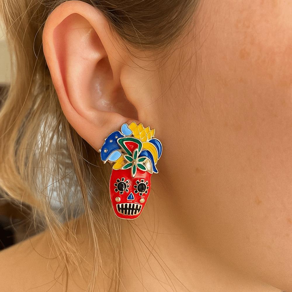 Flower Dripping Oil Skull Earrings Rhinestone Enamel Skeleton Stud Earrings Vintage Earring  Autumn