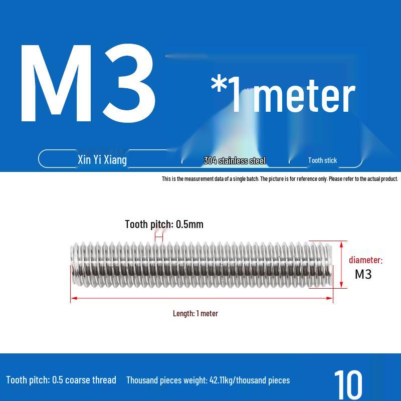 304 Stainless Steel Full Threaded Rod, 1 Meter, available in sizes M3, M6, M8, M10, M12.