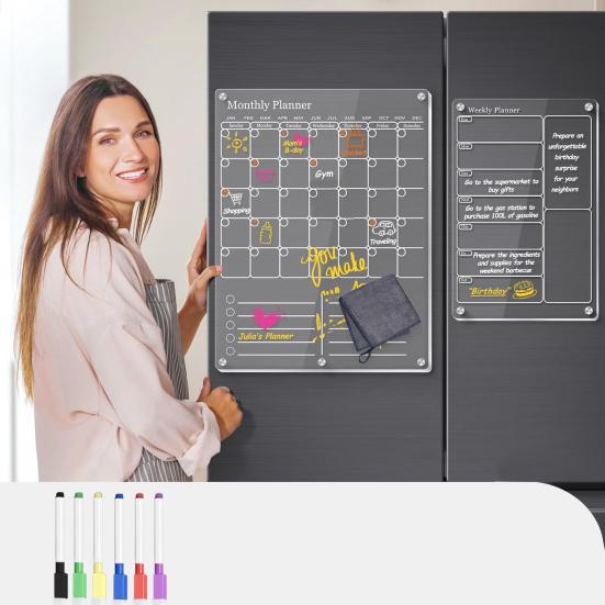 Wall Mounted Memo Board Acrylic Magnetic Dry Erase Calendar for Fridge, Clear Monthly/Weekly Meal Family Task Planner Whiteboard with 6 Markers