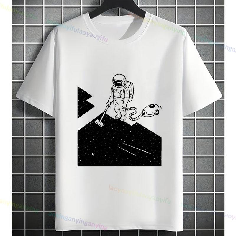 Funny Astronaut Vacuum Cleaner Space Graphic Tshirt Short Sleeve 100 Cotton Round Neck Humor Style Casual Fashion Tshirt