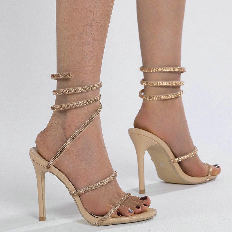 Fashion 2025 Rhinestones Snake-Like Winding Super High HeelsSummer New Fine And Pointed Rhinestones All Wear Net Red Tide Heels
